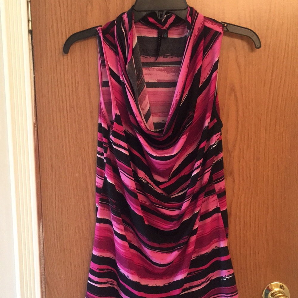 Pink, black and white sleeveless top.